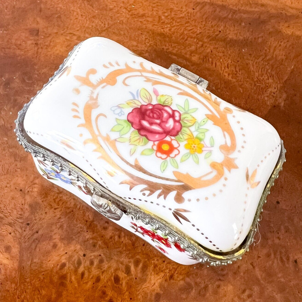 Porcelanas LF Vintage Trinket Box Victorian Porcelain Cameo Enamel Metal Flowers